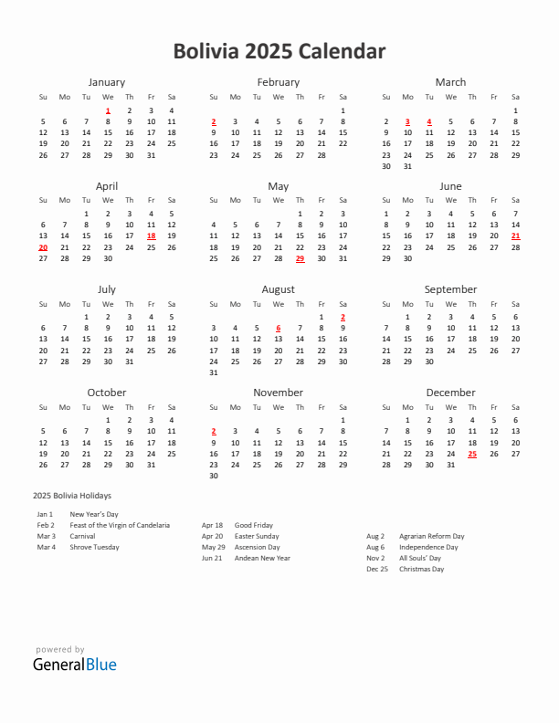 2025 Yearly Calendar Printable With Bolivia Holidays