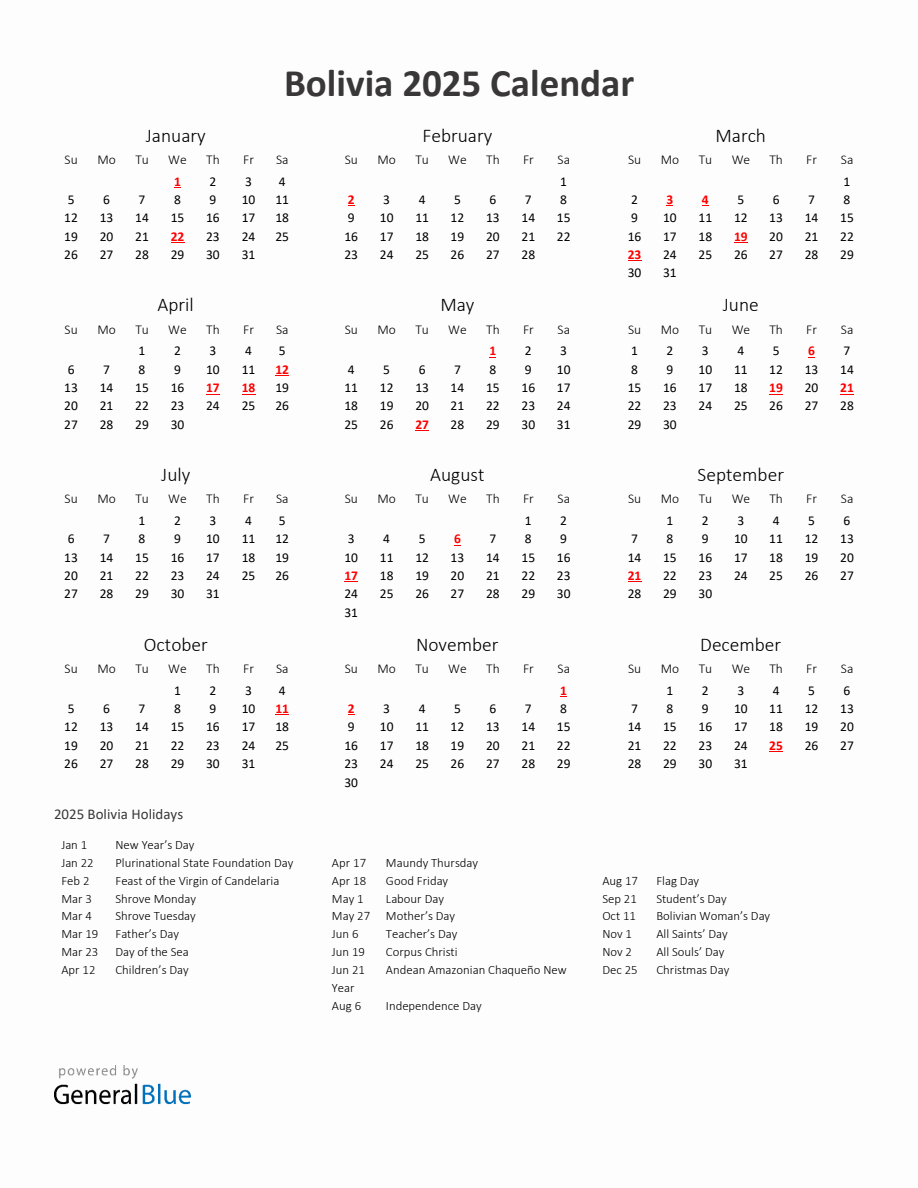 2025 Yearly Calendar Printable With Bolivia Holidays