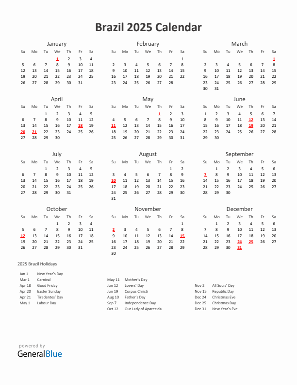2025 Yearly Calendar Printable With Brazil Holidays