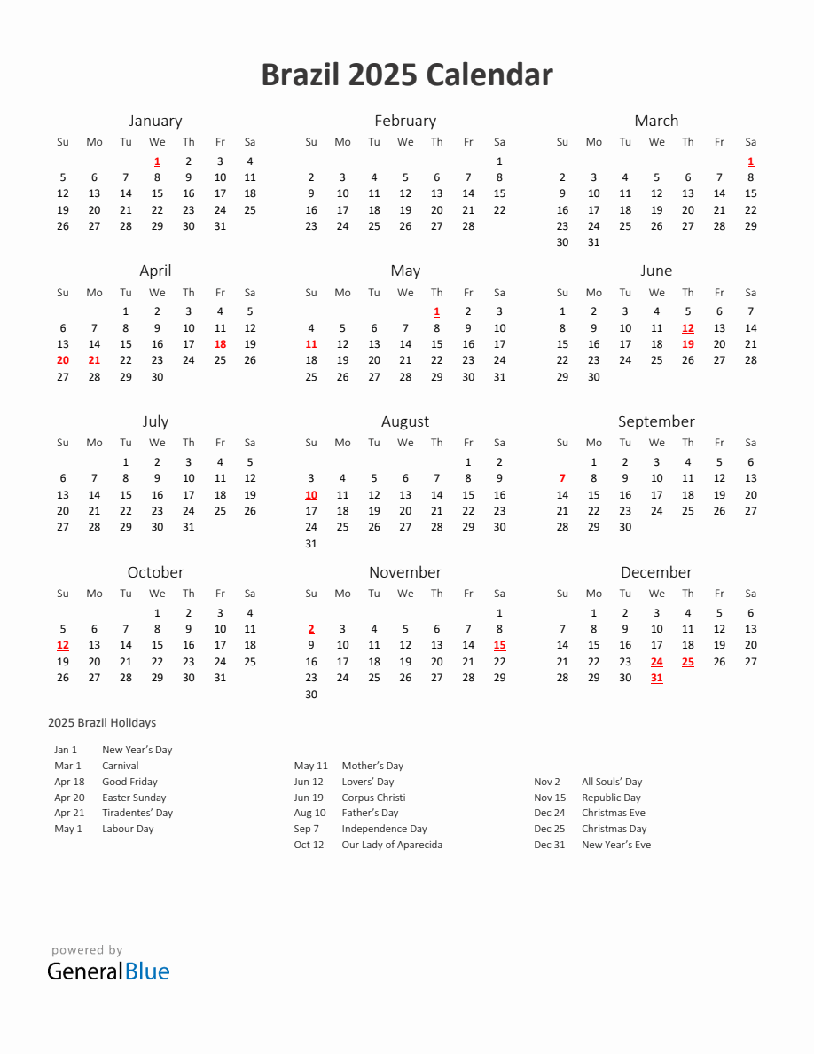 2025 Yearly Calendar Printable With Brazil Holidays