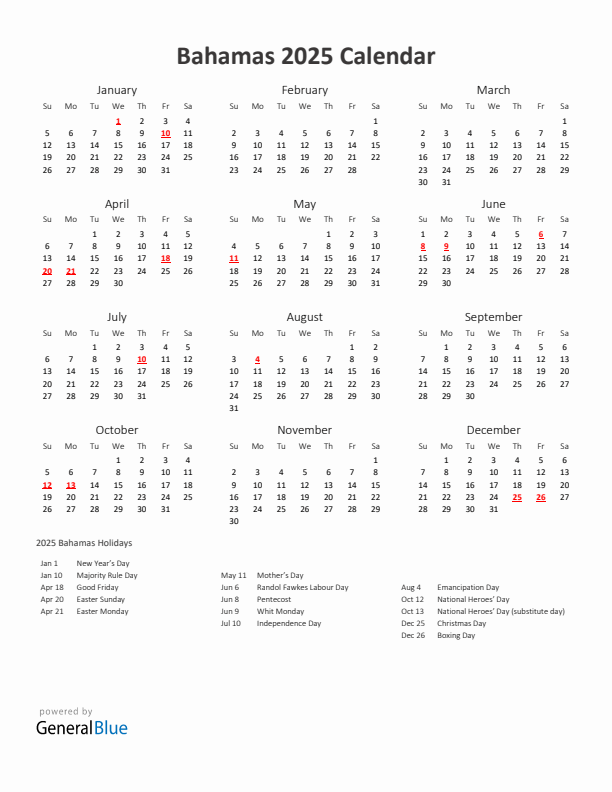 2025 Yearly Calendar Printable With Bahamas Holidays