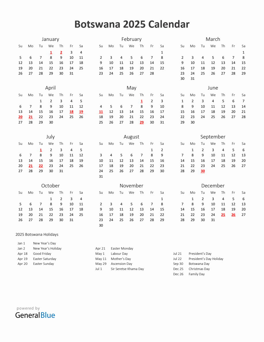 2025 Calendar With Holidays Botswana 