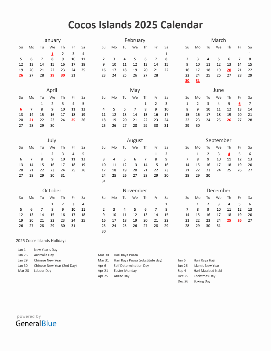 2025 Yearly Calendar Printable With Cocos Islands Holidays