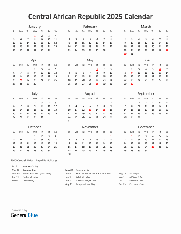 2025 Yearly Calendar Printable With Central African Republic Holidays