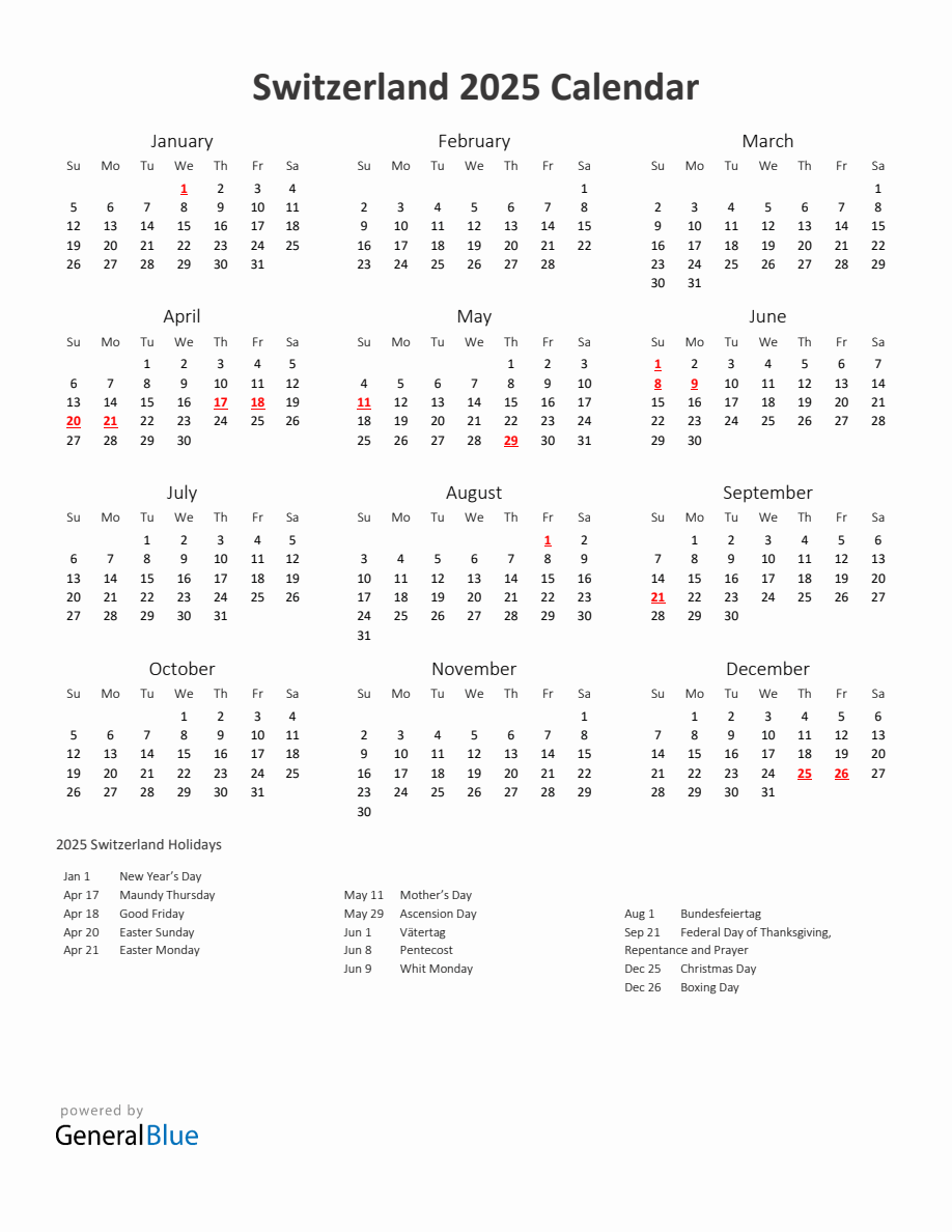 2025 Yearly Calendar Printable With Switzerland Holidays