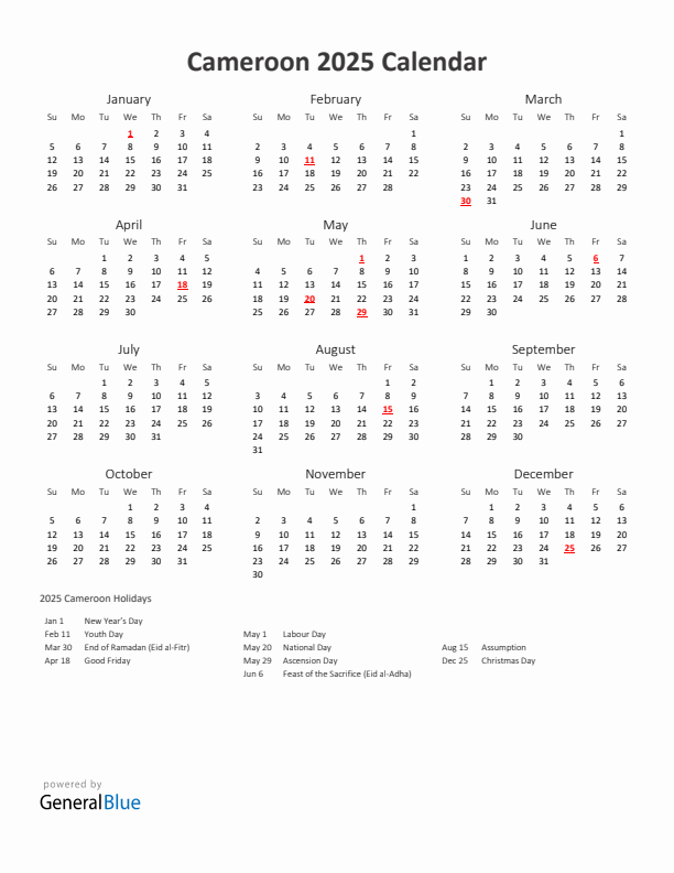 2025 Yearly Calendar Printable With Cameroon Holidays