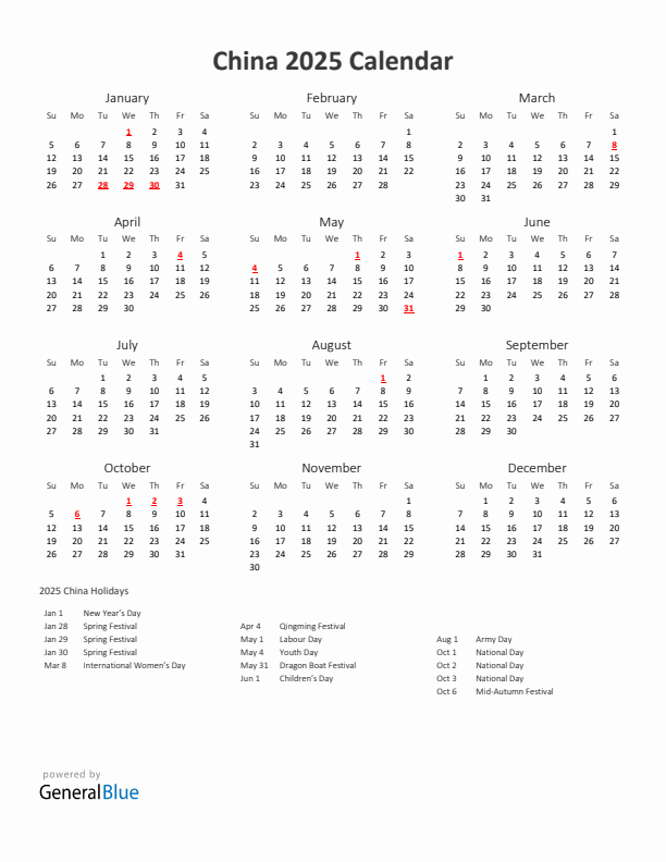 2025 Yearly Calendar Printable With China Holidays