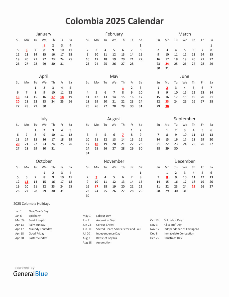 2025 Yearly Calendar Printable With Colombia Holidays