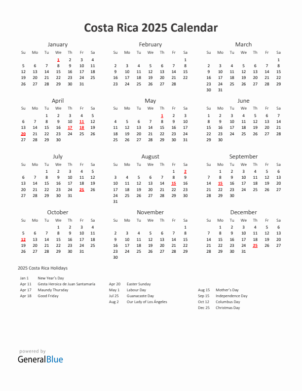 2025 Yearly Calendar Printable With Costa Rica Holidays