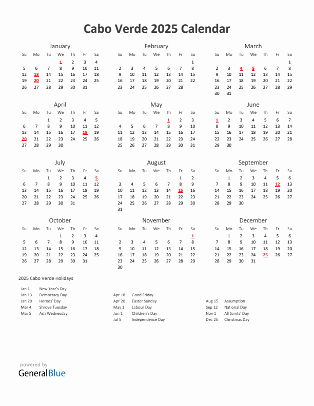 2025 Yearly Calendar Printable With Cabo Verde Holidays
