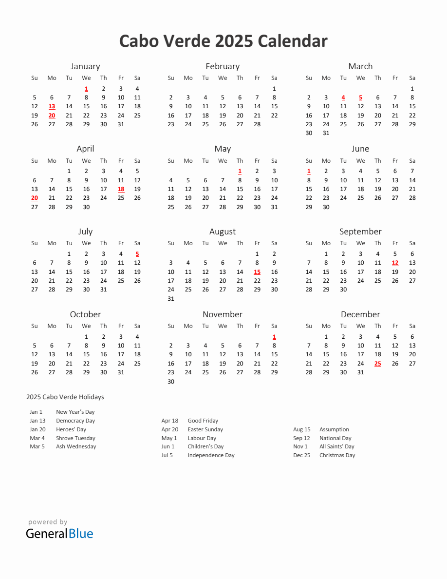 2025 Yearly Calendar Printable With Cabo Verde Holidays