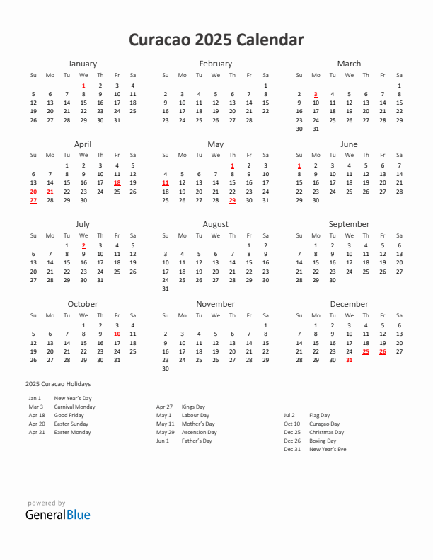 2025 Yearly Calendar Printable With Curacao Holidays