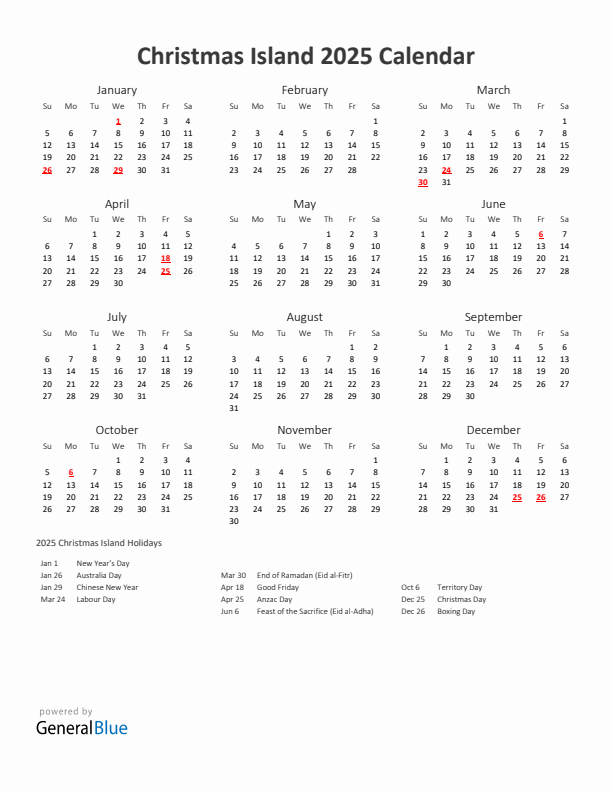 2025 Yearly Calendar Printable With Christmas Island Holidays