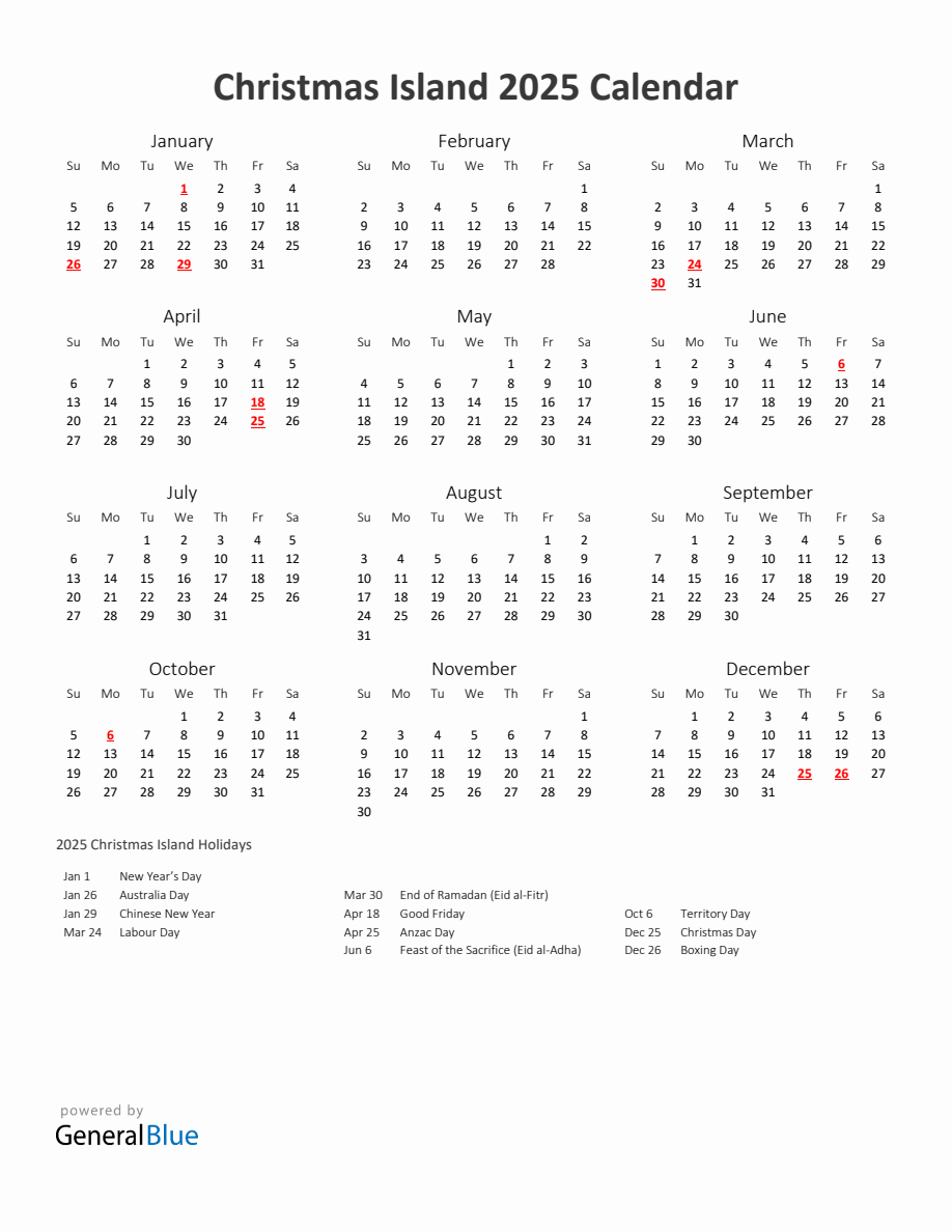 2025 Yearly Calendar Printable With Christmas Island Holidays