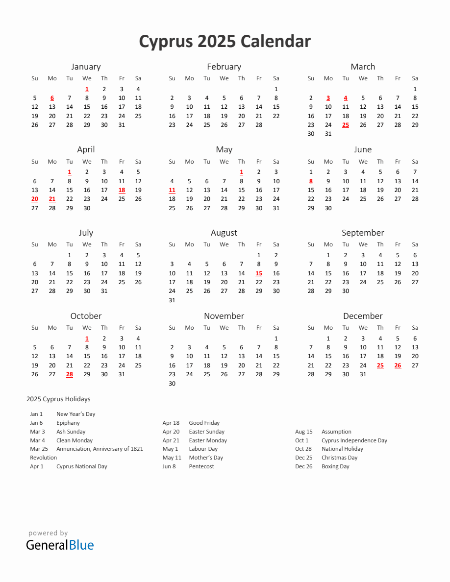 2025 Yearly Calendar Printable With Cyprus Holidays