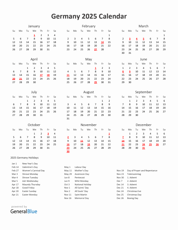 2025 Yearly Calendar Printable With Germany Holidays