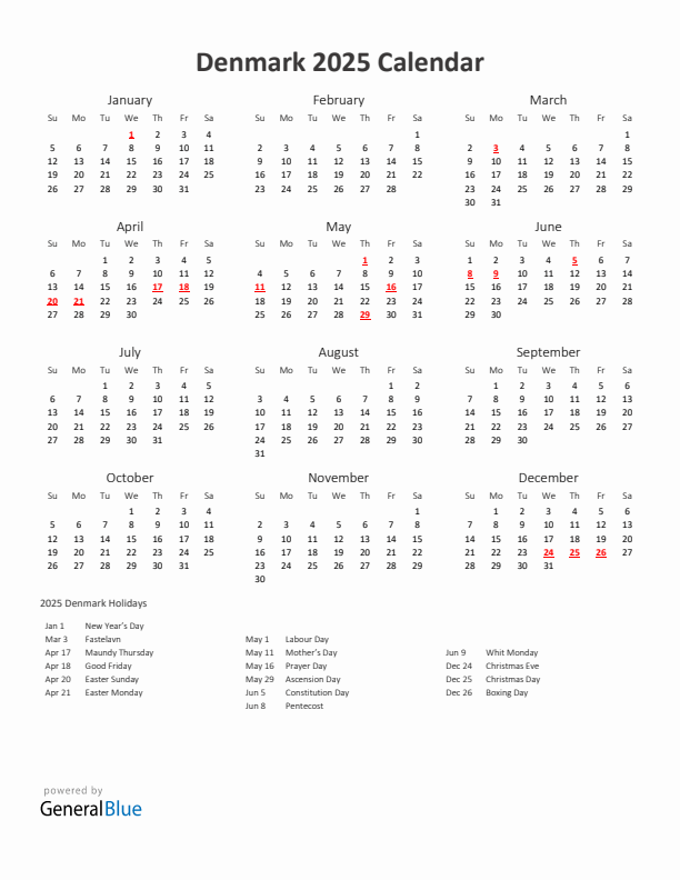2025 Yearly Calendar Printable With Denmark Holidays