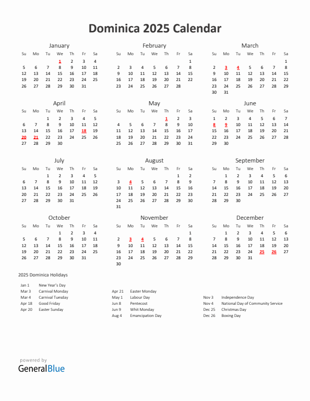 2025 Yearly Calendar Printable With Dominica Holidays