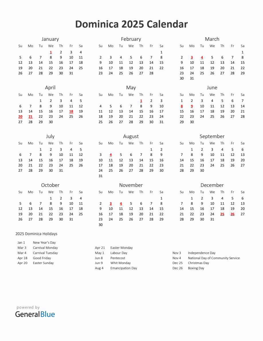 2025 Yearly Calendar Printable With Dominica Holidays