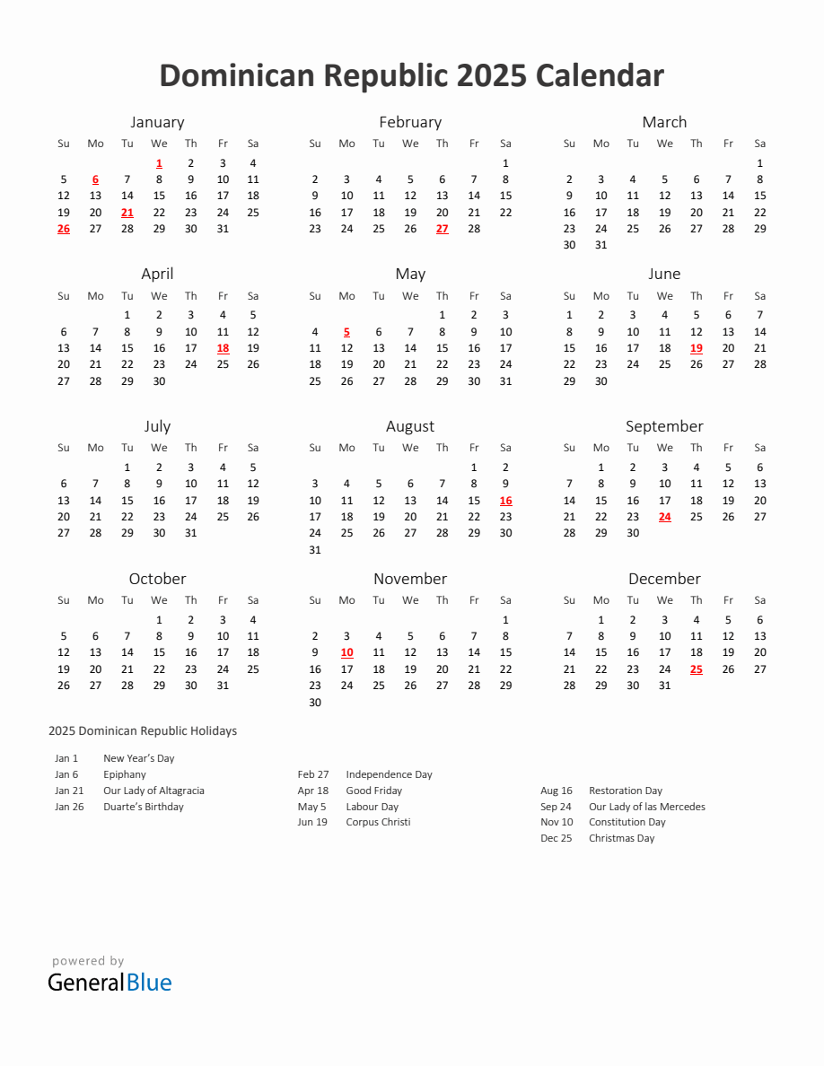 2025 Yearly Calendar Printable With Dominican Republic Holidays