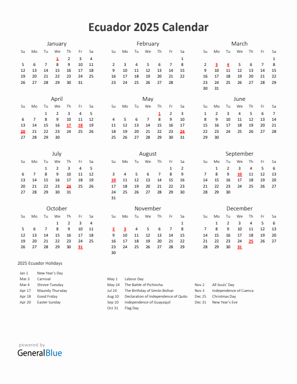 2025 Yearly Calendar Printable With Ecuador Holidays