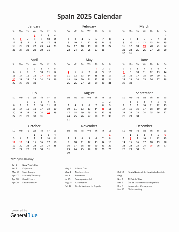 2025 Yearly Calendar Printable With Spain Holidays