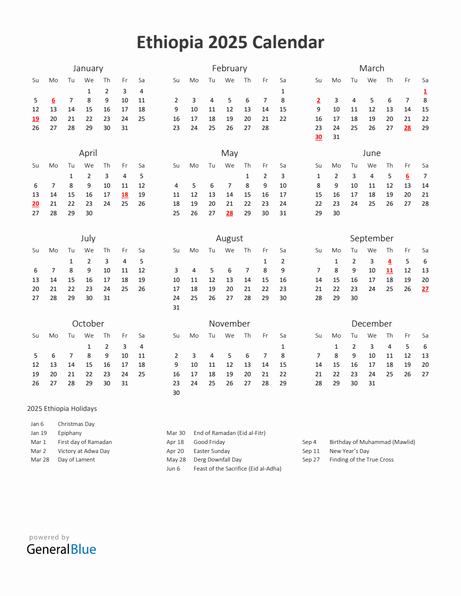 2025 Yearly Calendar Printable With Ethiopia Holidays