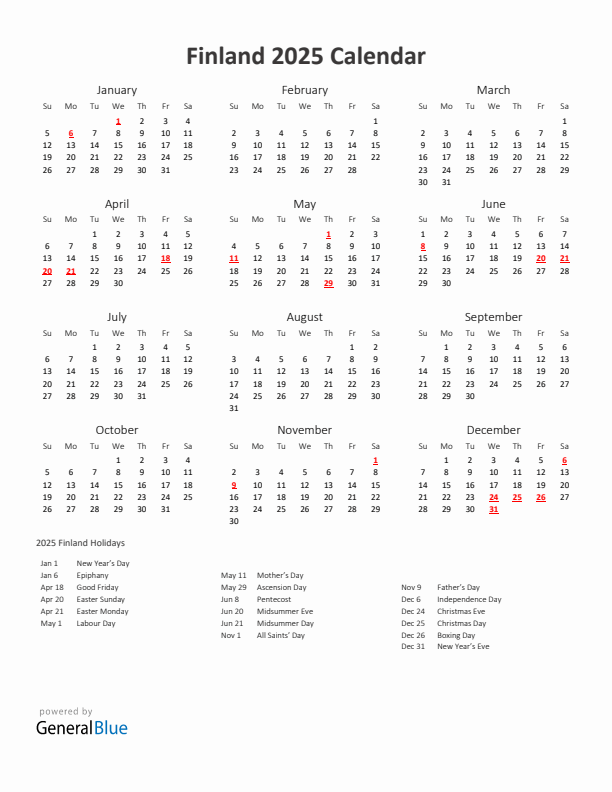 2025 Yearly Calendar Printable With Finland Holidays