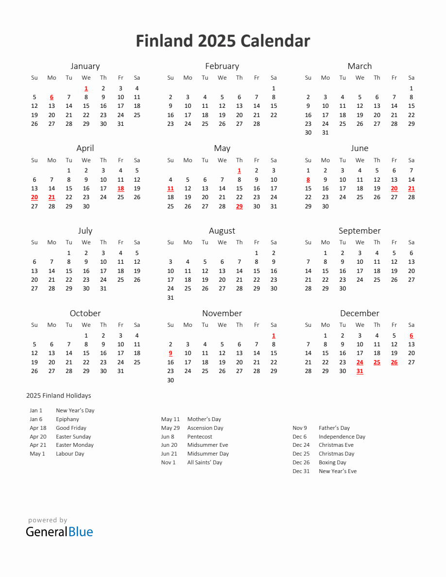 2025 Yearly Calendar Printable With Finland Holidays