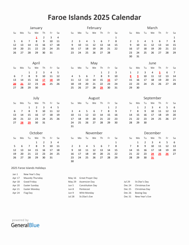 2025 Yearly Calendar Printable With Faroe Islands Holidays