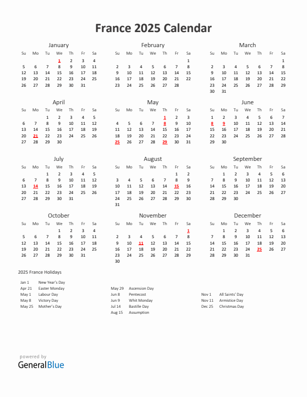 2025 Yearly Calendar Printable With France Holidays