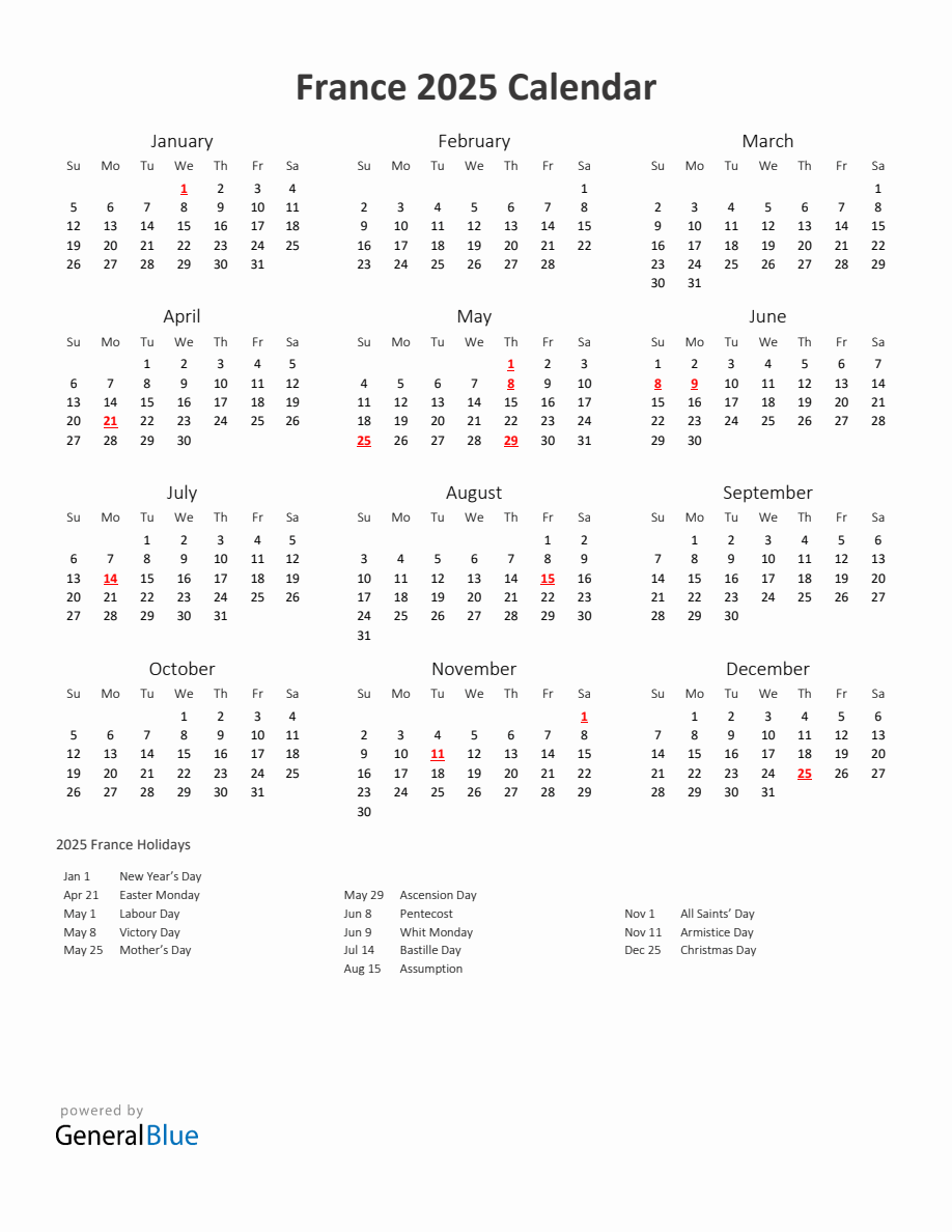 2025 Yearly Calendar Printable With France Holidays