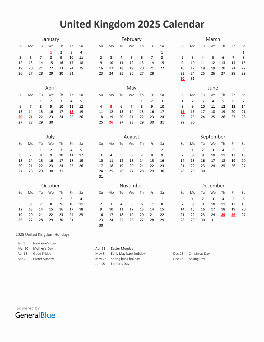 2025 Yearly Calendar Printable With United Kingdom Holidays