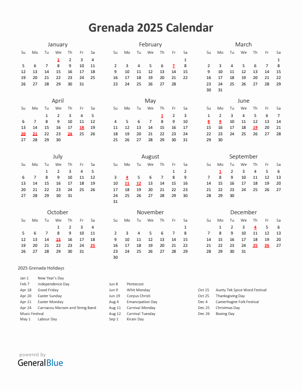 2025 Yearly Calendar Printable With Grenada Holidays