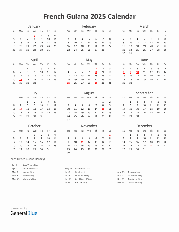 2025 Yearly Calendar Printable With French Guiana Holidays