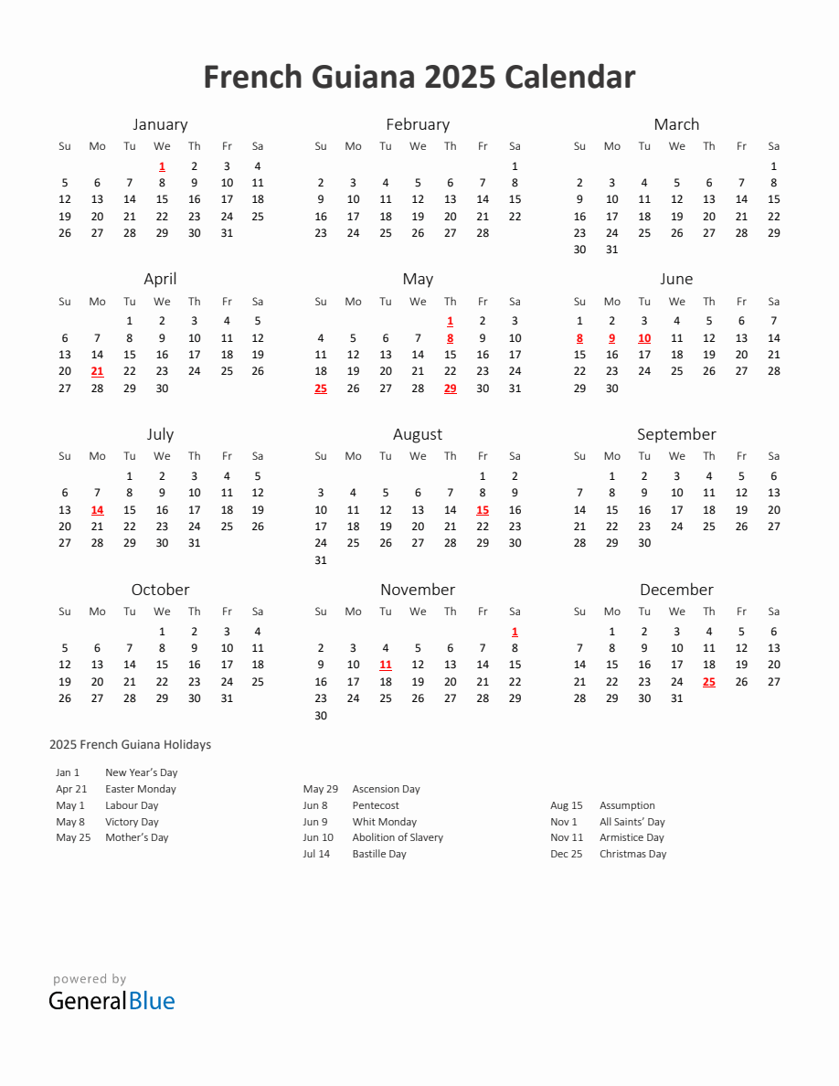 2025 Yearly Calendar Printable With French Guiana Holidays