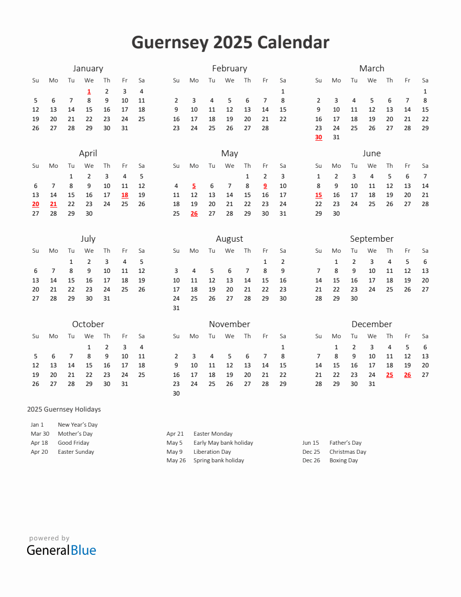 2025 Yearly Calendar Printable With Guernsey Holidays