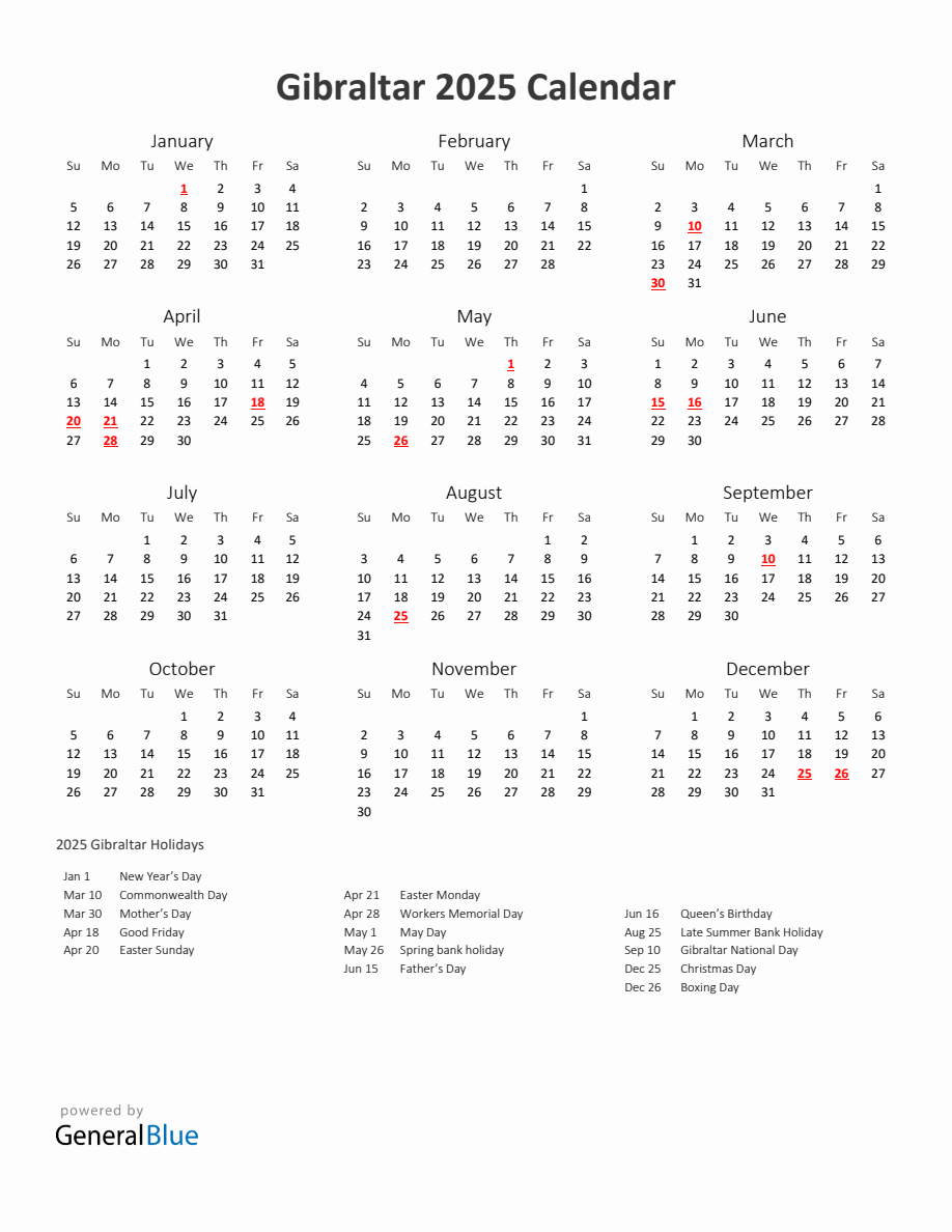 2025 Yearly Calendar Printable With Gibraltar Holidays