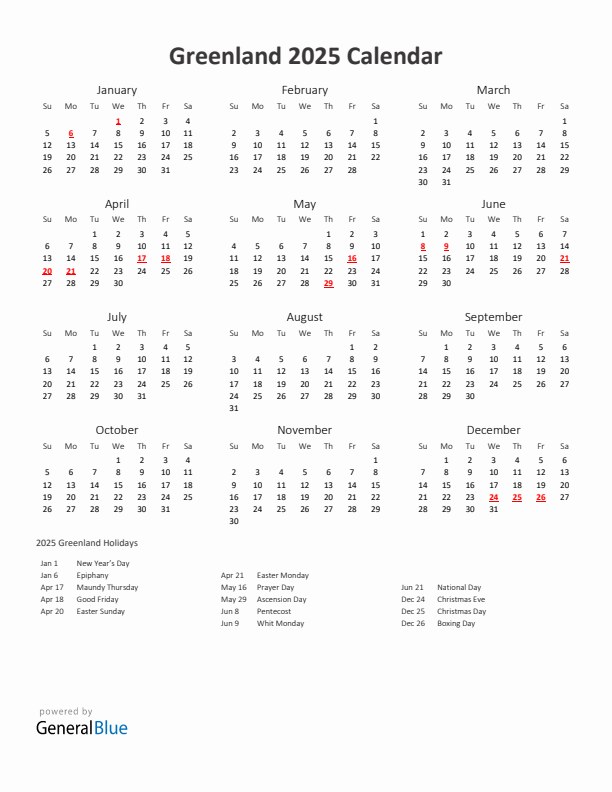 2025 Yearly Calendar Printable With Greenland Holidays