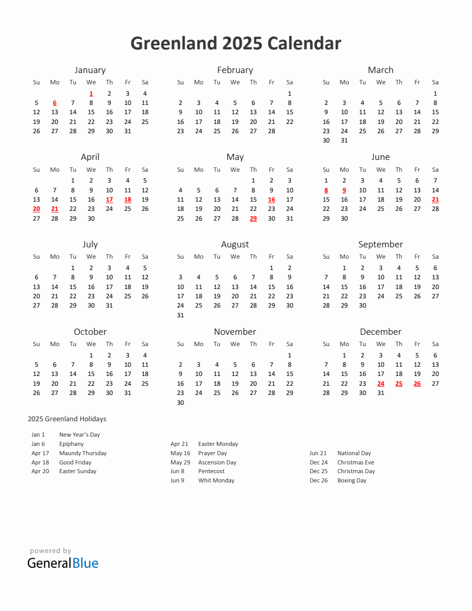 2025 Yearly Calendar Printable With Greenland Holidays