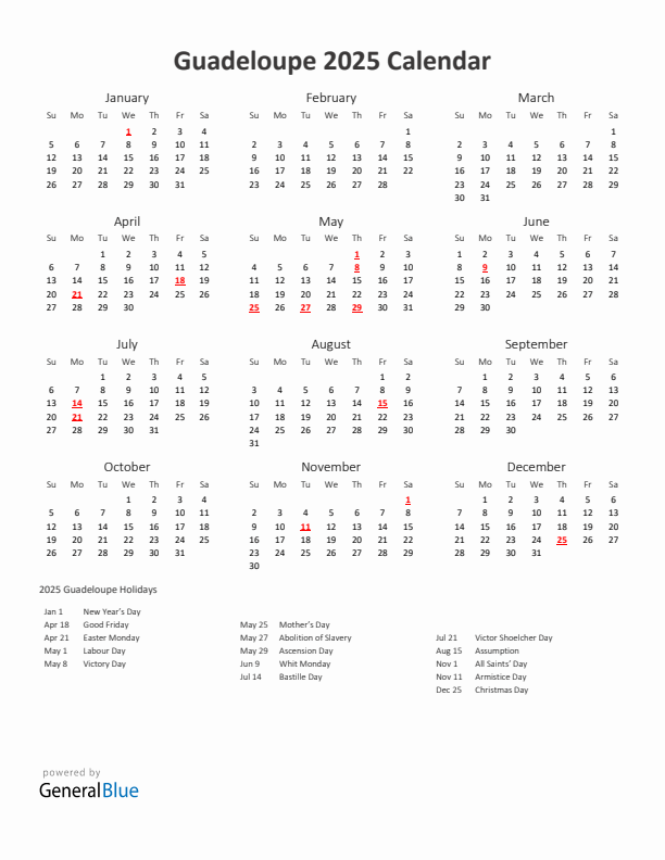 2025 Yearly Calendar Printable With Guadeloupe Holidays