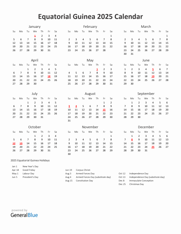 2025 Yearly Calendar Printable With Equatorial Guinea Holidays