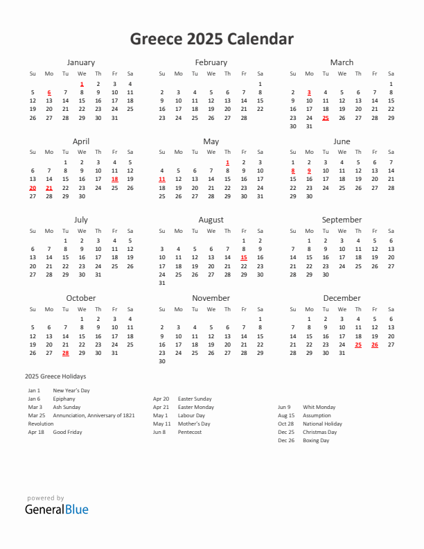 2025 Yearly Calendar Printable With Greece Holidays