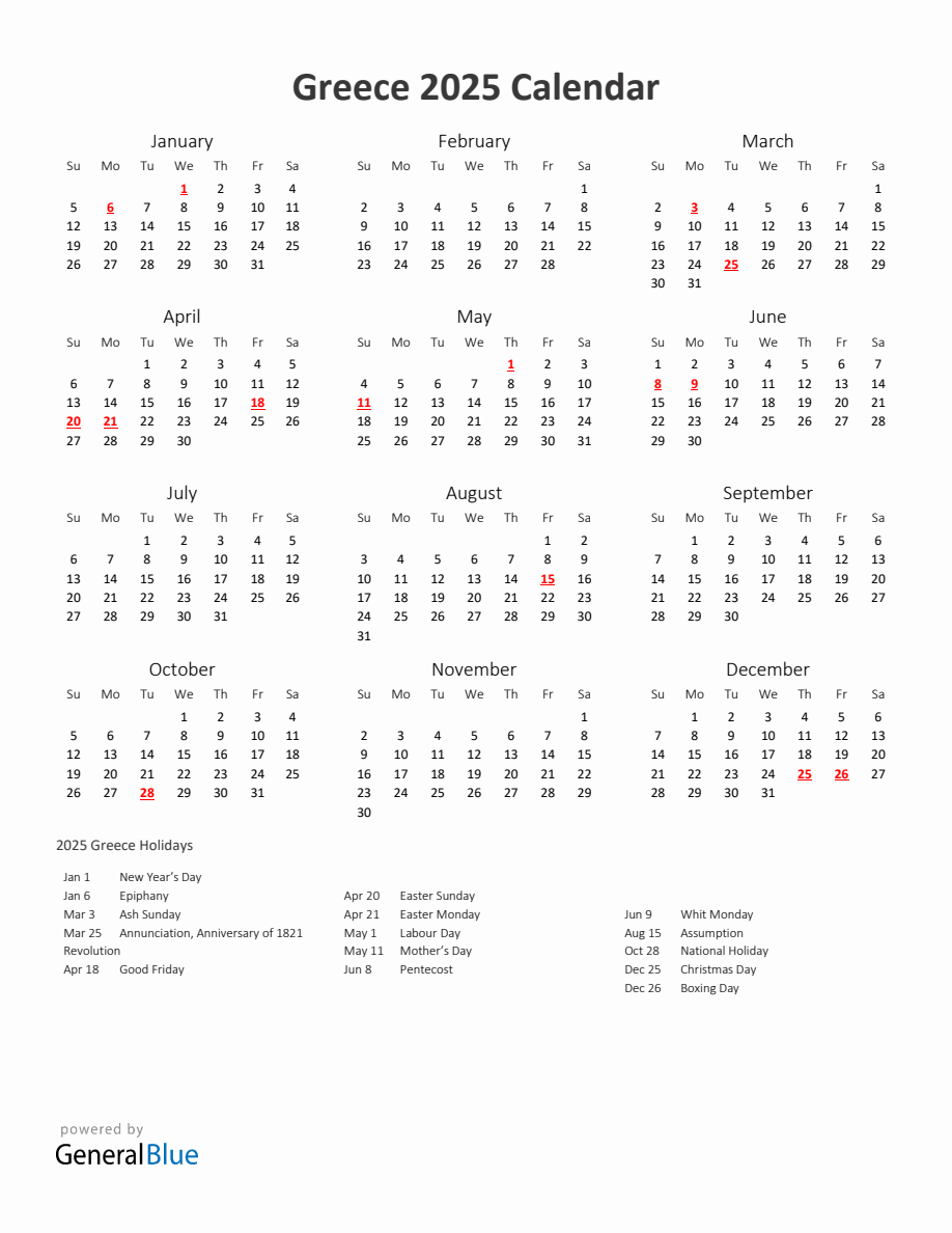 2025 Yearly Calendar Printable With Greece Holidays