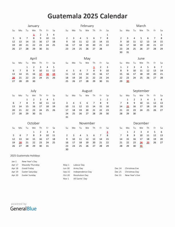 2025 Yearly Calendar Printable With Guatemala Holidays