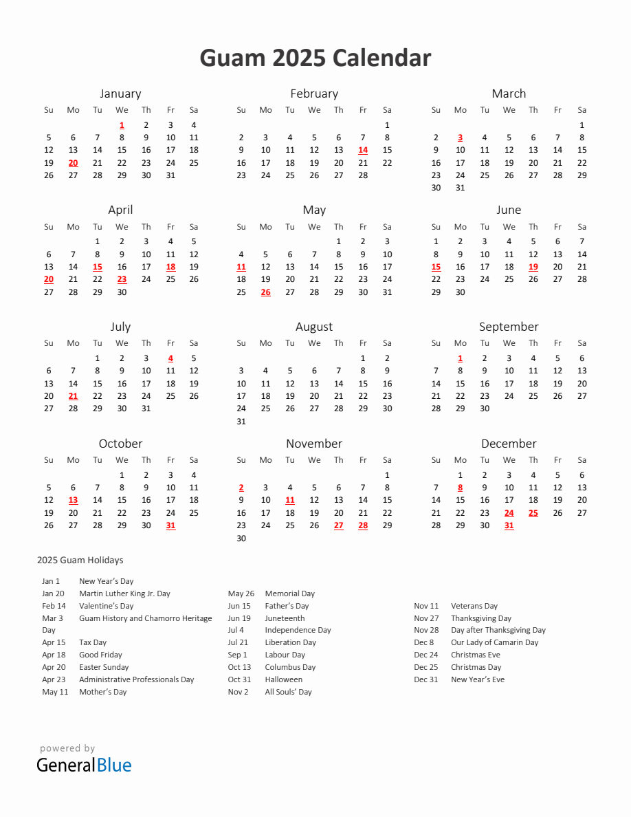 2025 Yearly Calendar Printable With Guam Holidays