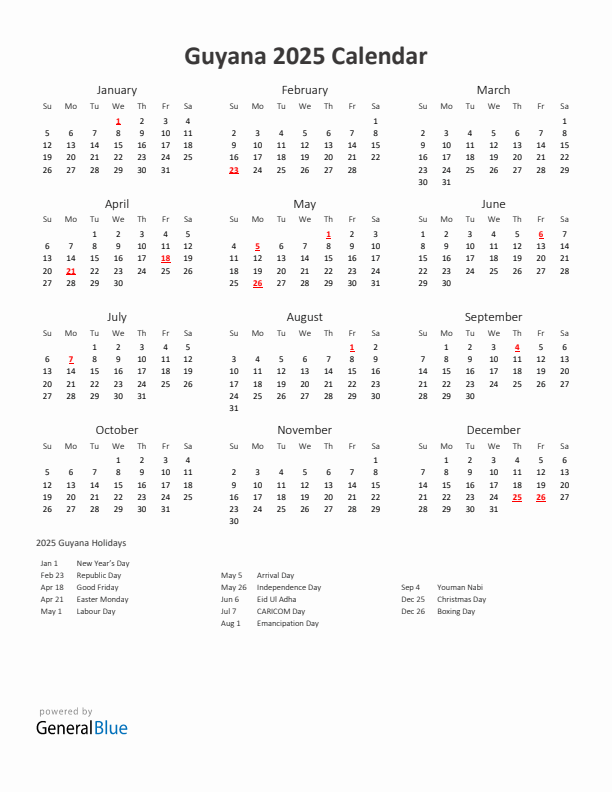 2025 Yearly Calendar Printable With Guyana Holidays