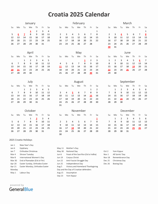 2025 Yearly Calendar Printable With Croatia Holidays