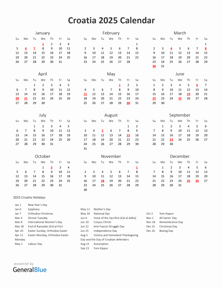 2025 Yearly Calendar Printable With Croatia Holidays