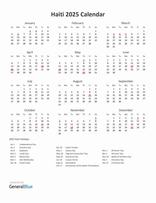 2025 Yearly Calendar Printable With Haiti Holidays